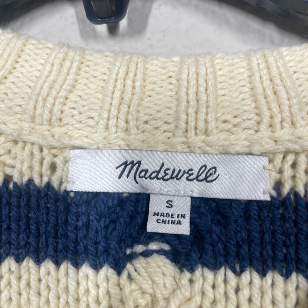 Madewell Size Small Yasmin Stripe Lattice Stitch Sweater Ecru Tan Long Sleeves - Picture 7 of 9